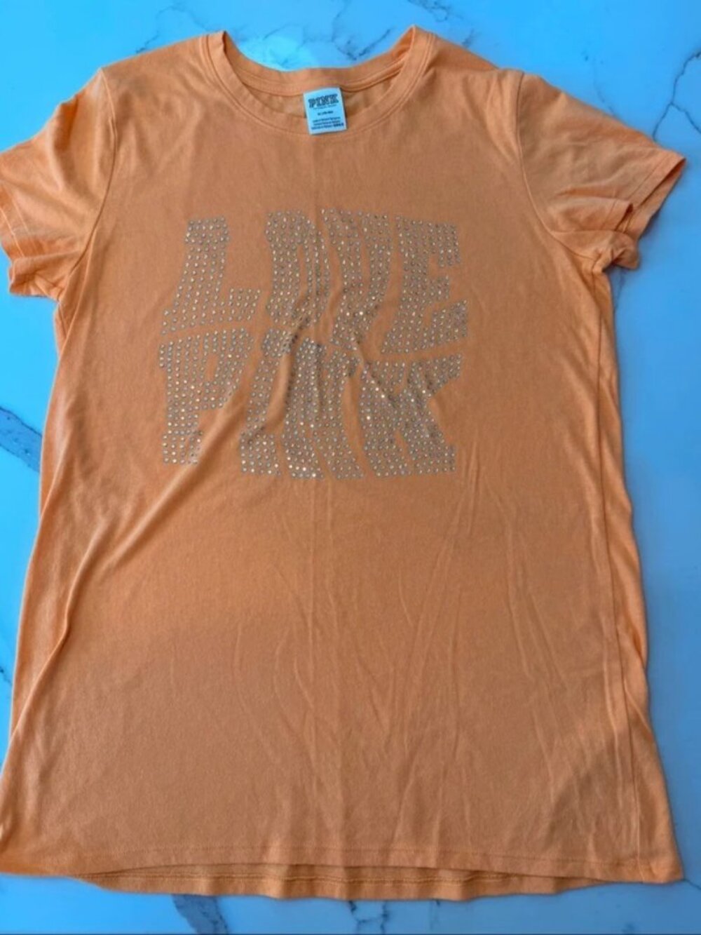 Victoria's Secret PINK Peach Love Pink Rhinestone Tee Womens M